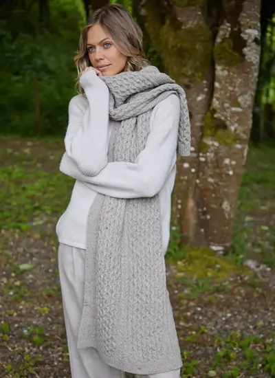 Cashmere Wool Donegal Aran Blanket Scarf in Beige Honeycomb Stitch